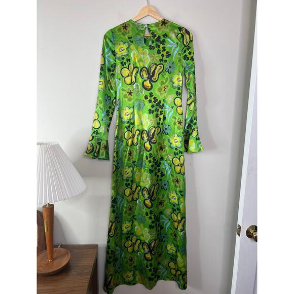 NEW Lingua Franca Floral Silk Long Sleeves Anja Maxi Dress Green Size: XS - Picture 6 of 7